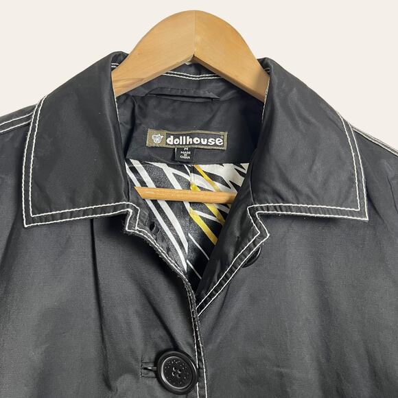 Vintage Dollhouse Black Contrast Stitching Long Coat Size Medium - Picture 3 of 7